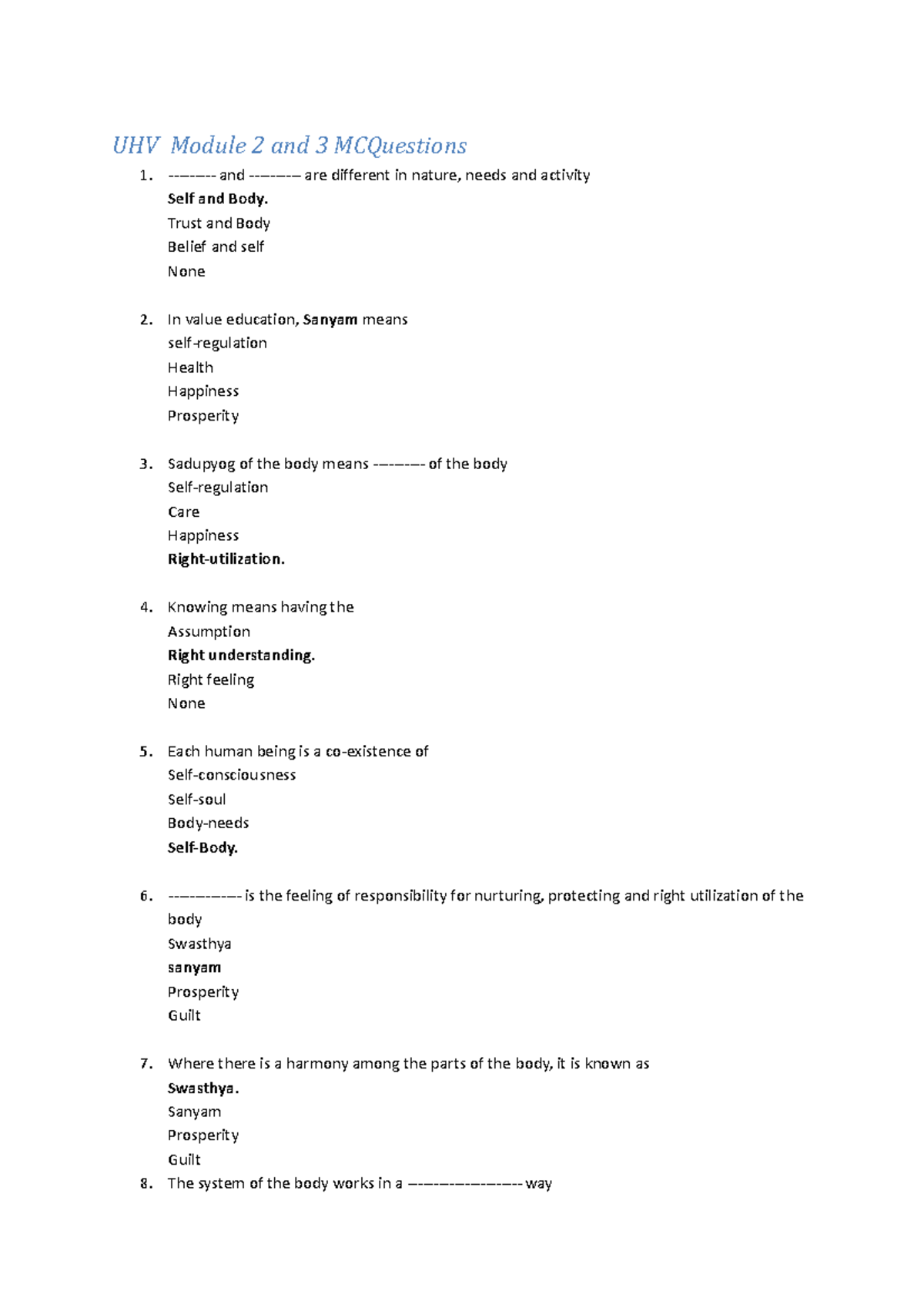 UHV Module 2 & 3 MCQ Practice Questions and Answers - Studocu