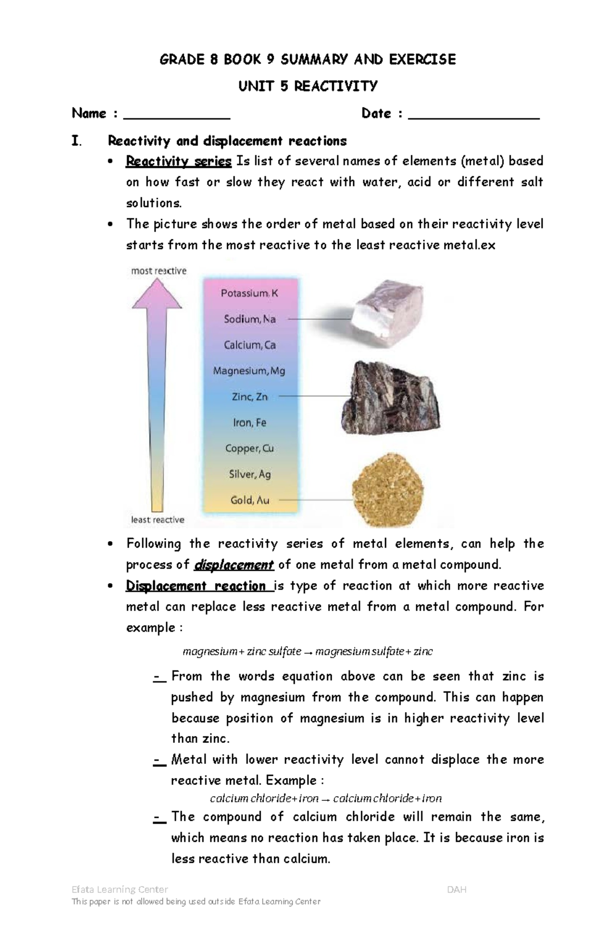 Grade 8 BOOK 9 Summary & Exercises: UNIT 5 Reactivity Concepts - Studocu