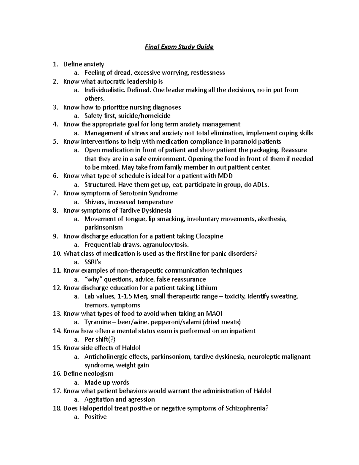 Final Exam Study Guide - MH: Key Concepts for Nursing Practice - Studocu