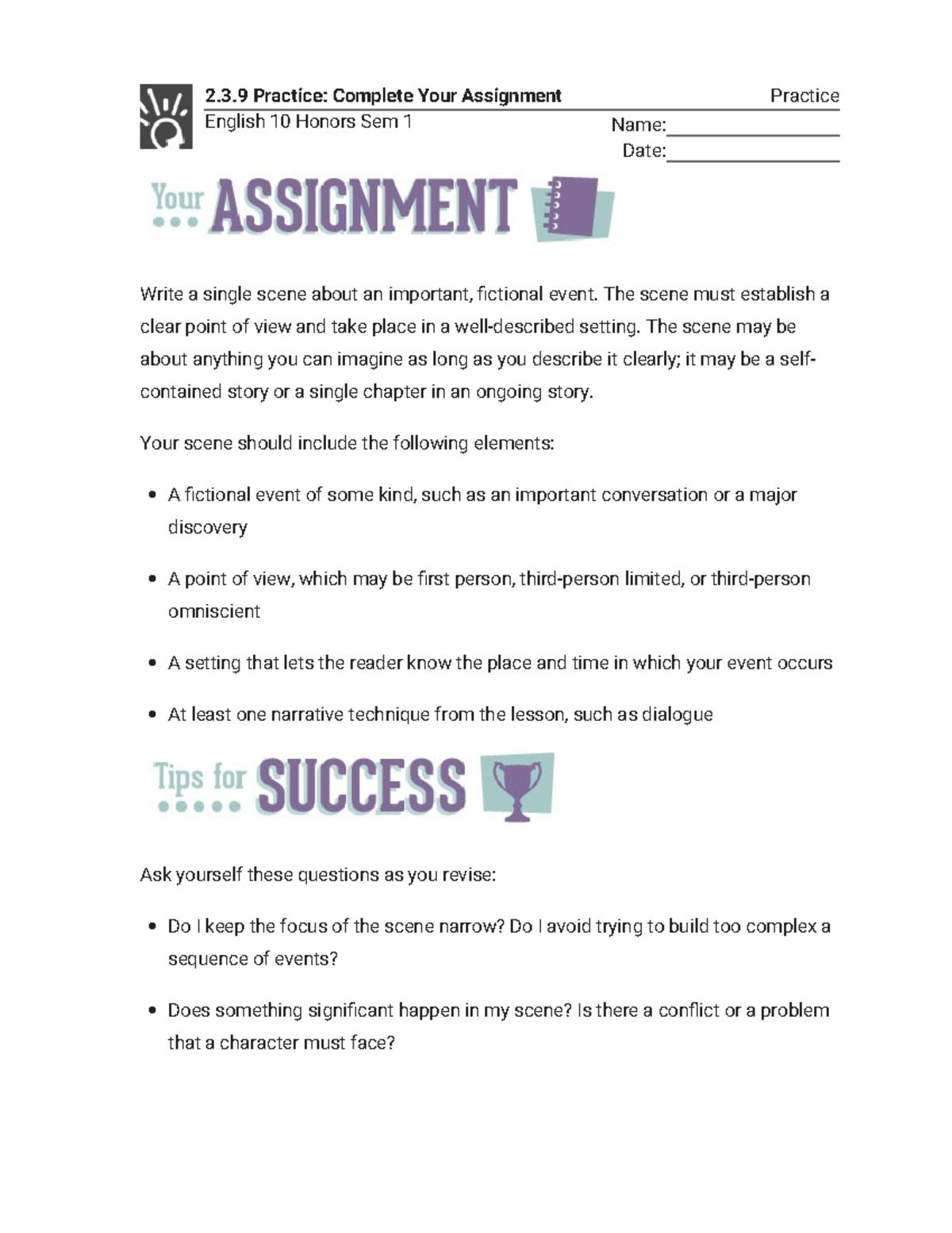 English 10 Honors Sem 1: Scene Writing Practice Assignment - Studocu