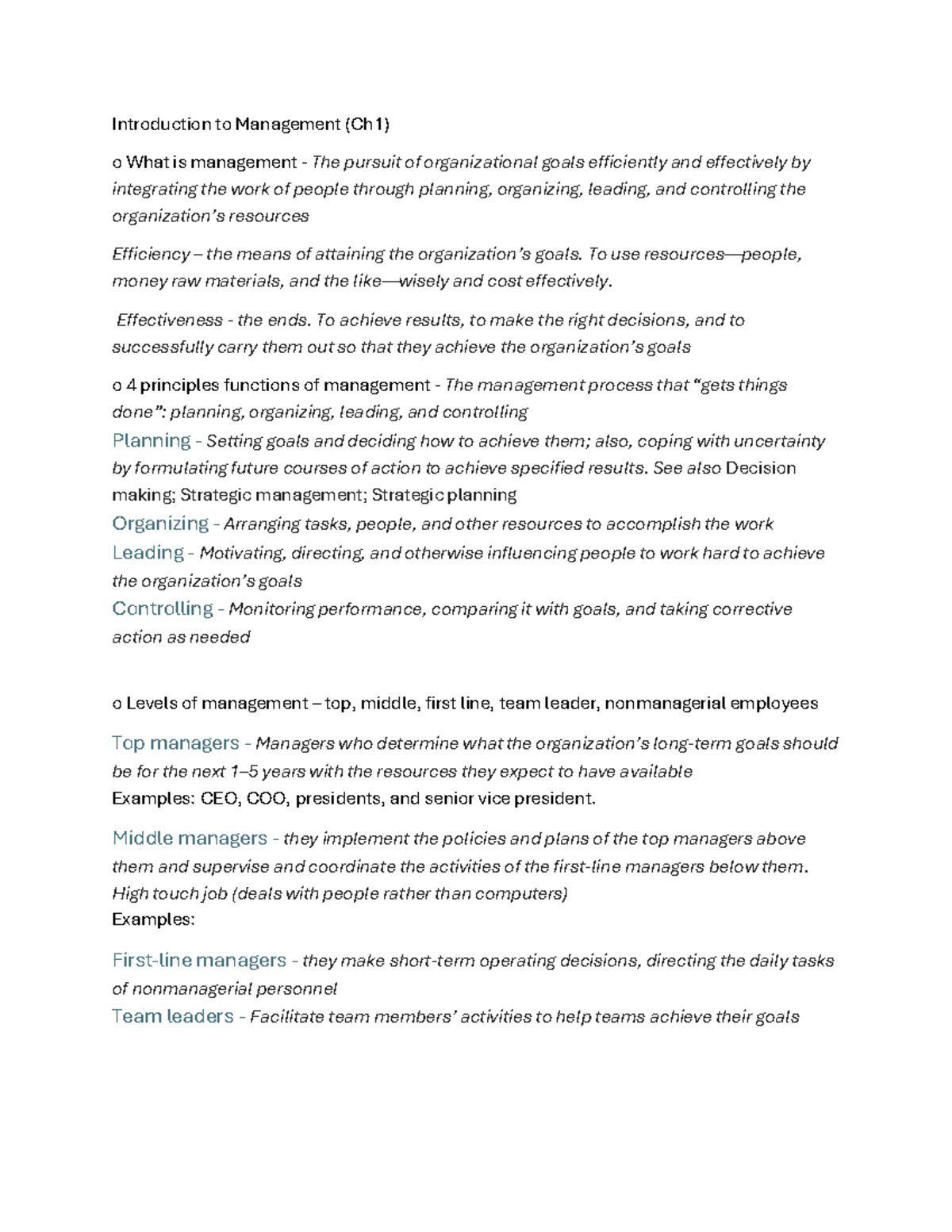Introduction to Management - Chapter 1 Overview - Studocu