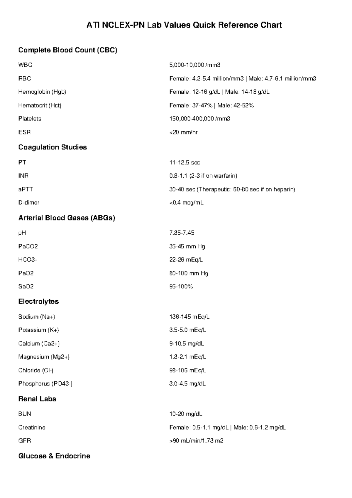 ATI Lab Values Quick Reference Chart for CBC and More - Studocu
