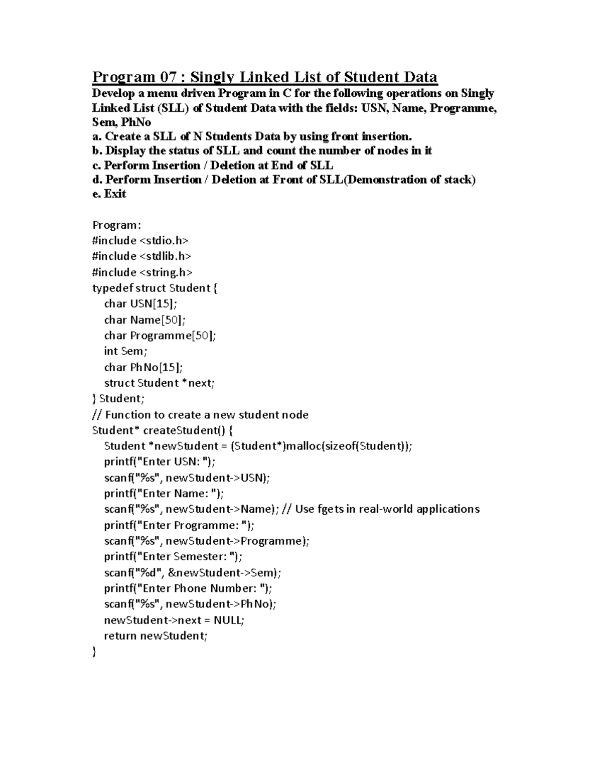 DSLab Prog7 - Iei - Program 07 : Singly Linked List of Student Data ...
