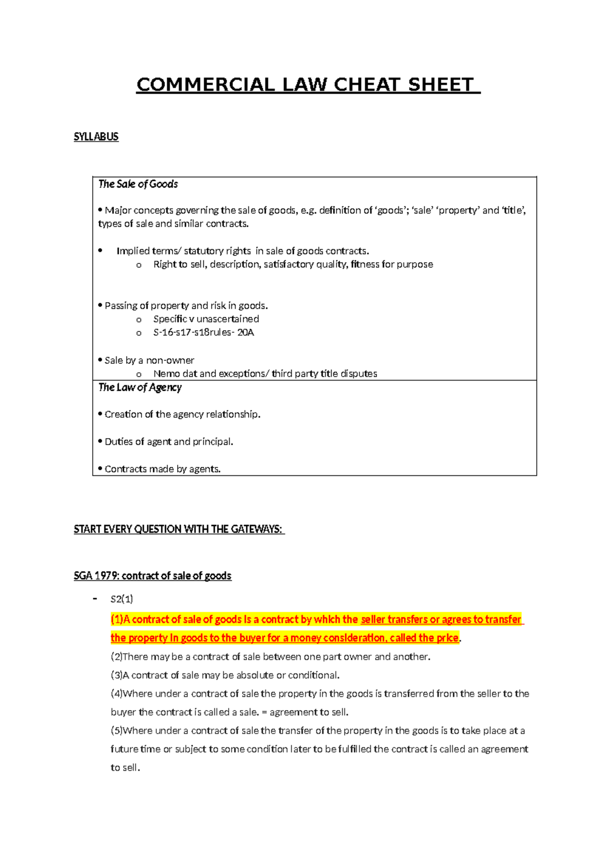 COMMERCIAL LAW CHEAT SHEET: Sale of Goods & Agency Concepts - Studocu