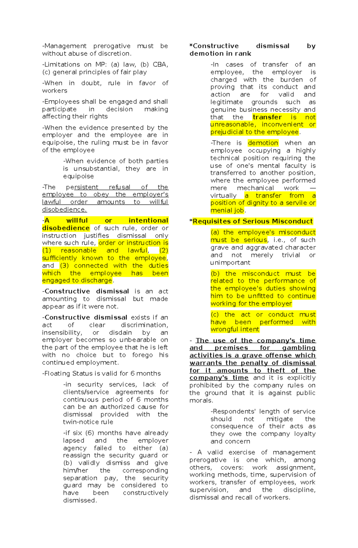 Labor Law Notes: Understanding Management Prerogative Cases - Studocu