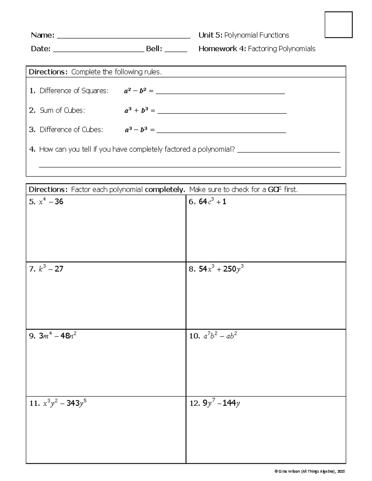 Algebra 2: Unit 5 Homework 4 - Factoring Polynomials Guide - Studocu