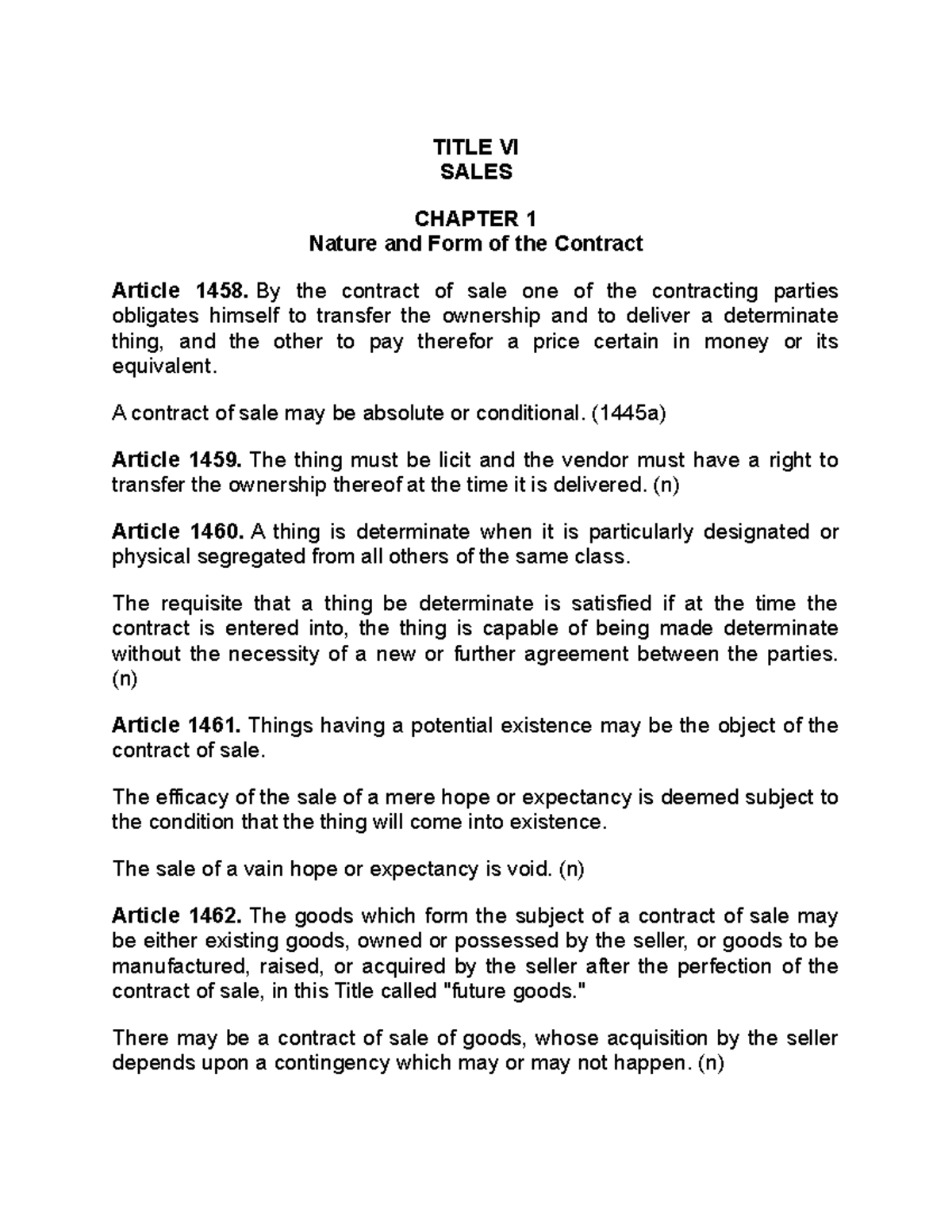 Contract of Sale: Articles 1458 to 1494 - Overview and Effects - Studocu