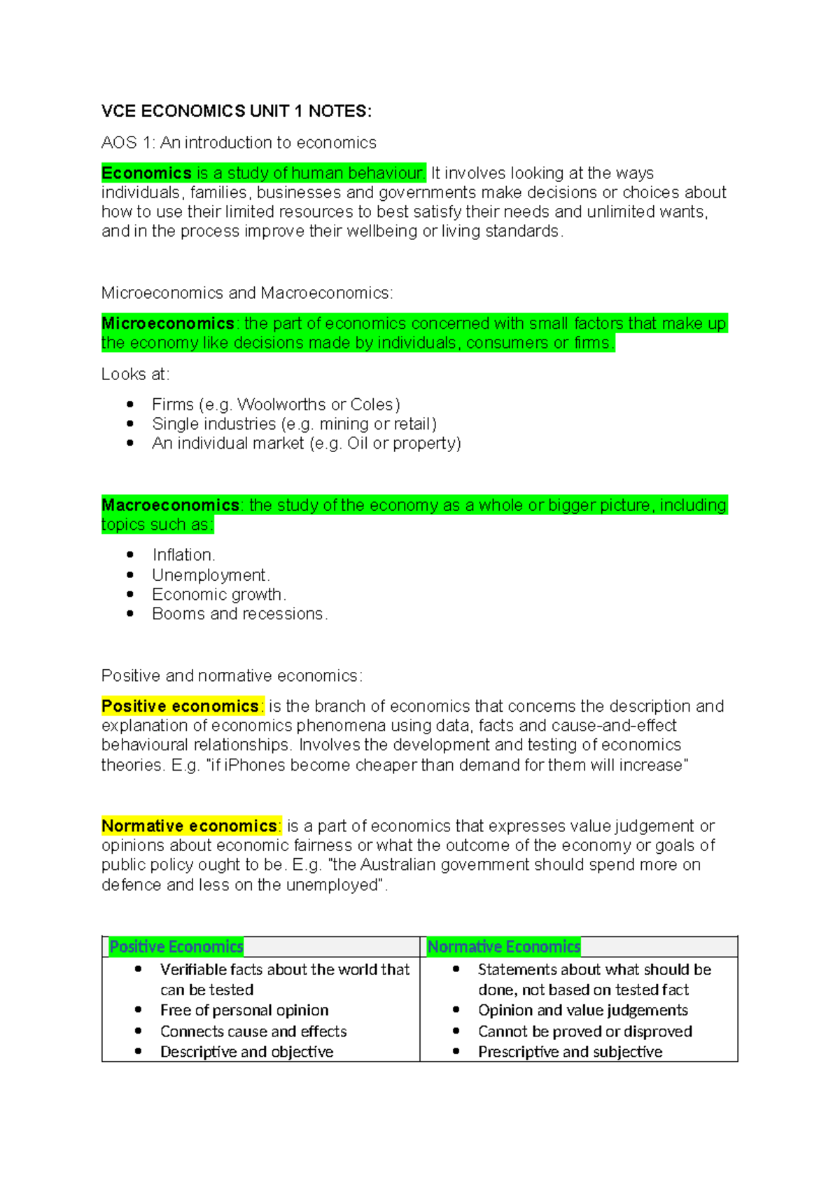 VCE ECONOMICS UNIT 1 NOTES: AOS 1 - Intro to Economics Concepts - Studocu