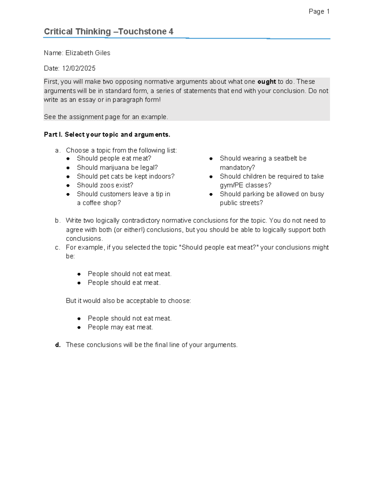 Critical Thinking 4 Touchstone: Normative Arguments Template - Studocu