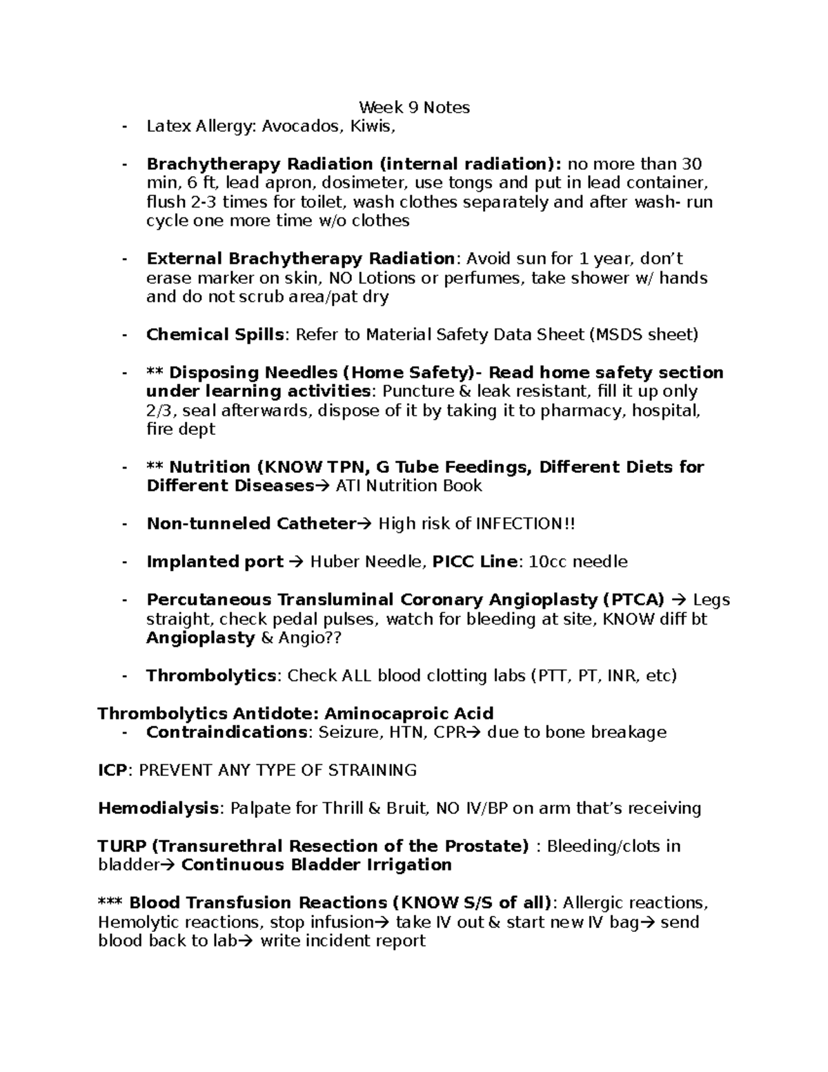 Week 9 Lecture Notes: Latex Allergy, Brachytherapy, Nutrition & More ...