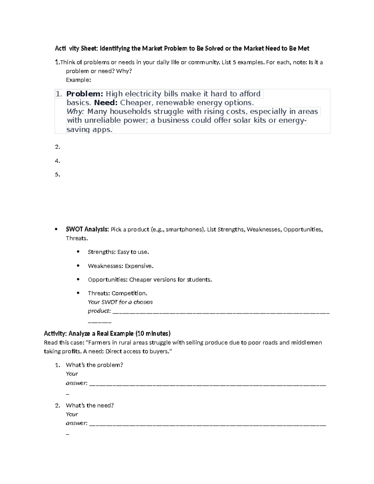 Entrep 101: Activity Sheet on Market Problems & SWOT Analysis - Studocu