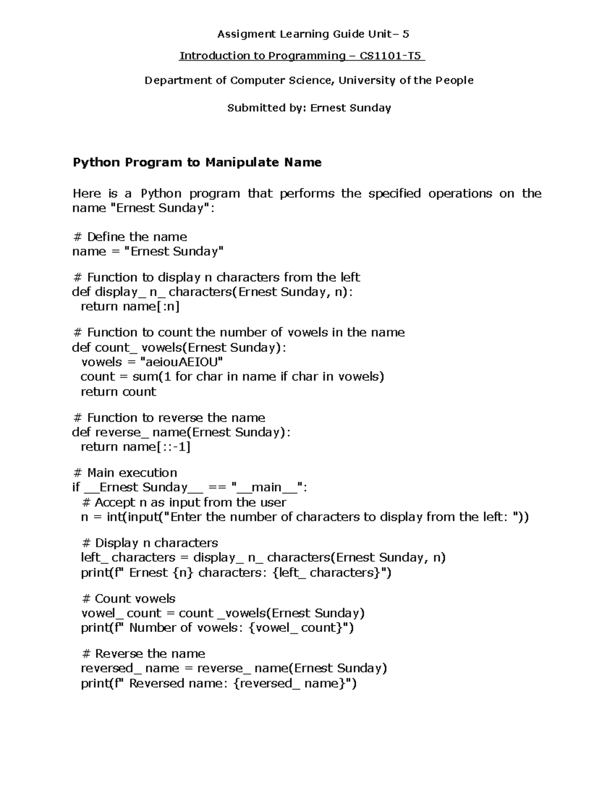 Programming 1101 Unit 5 Assignment: Python Name Manipulation Guide ...