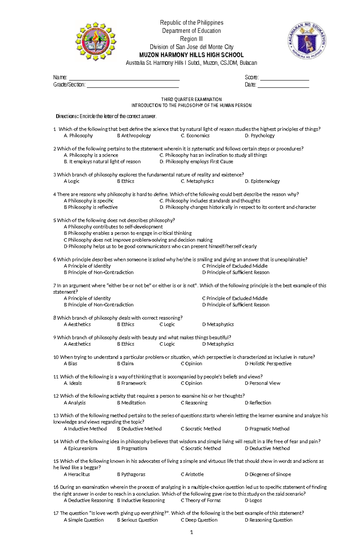 Philosophy 3rd Quarter Exam: Understanding the Human Person - Studocu