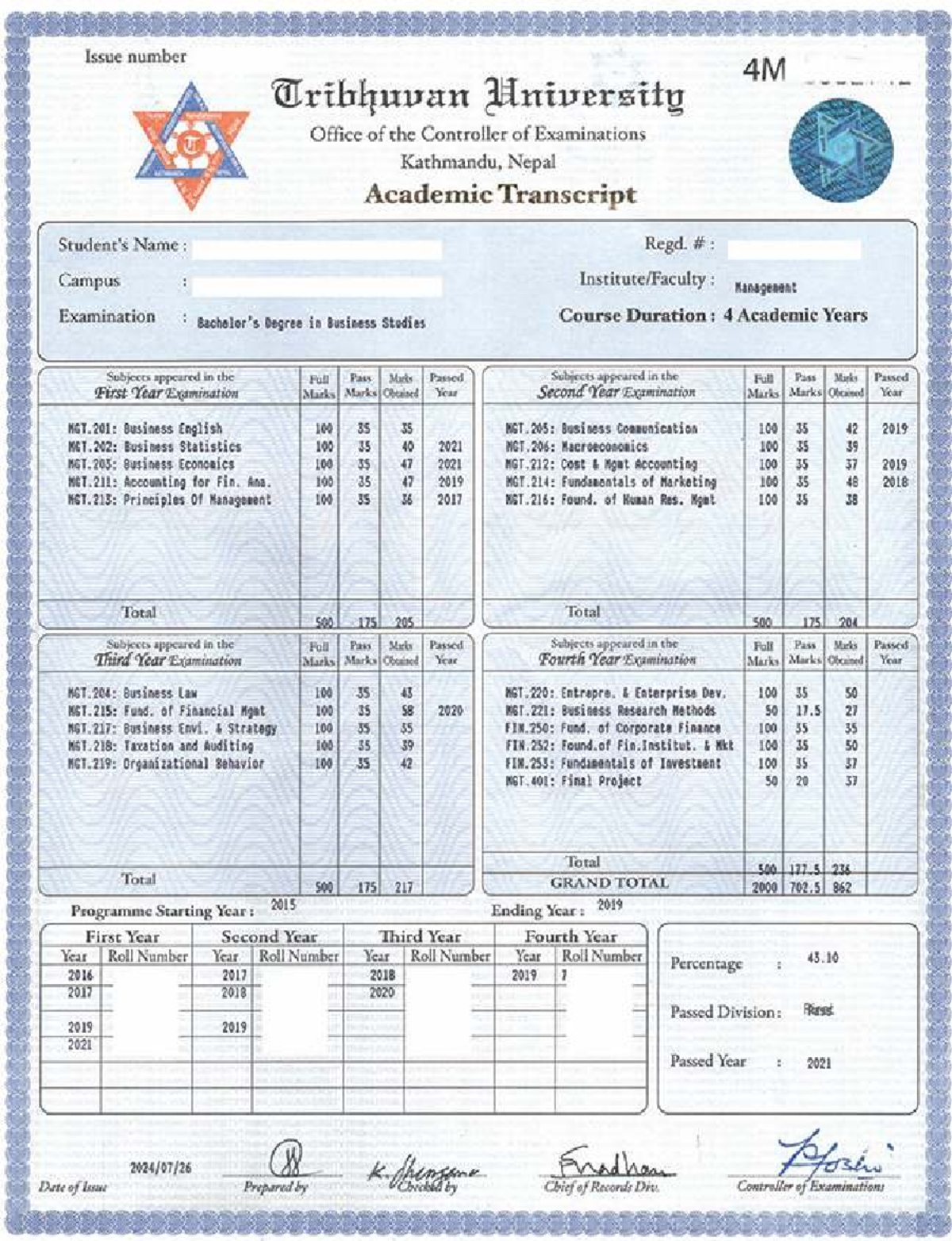 MGT Academic Transcript: Degree in Business Studies (2015-2019) - Studocu