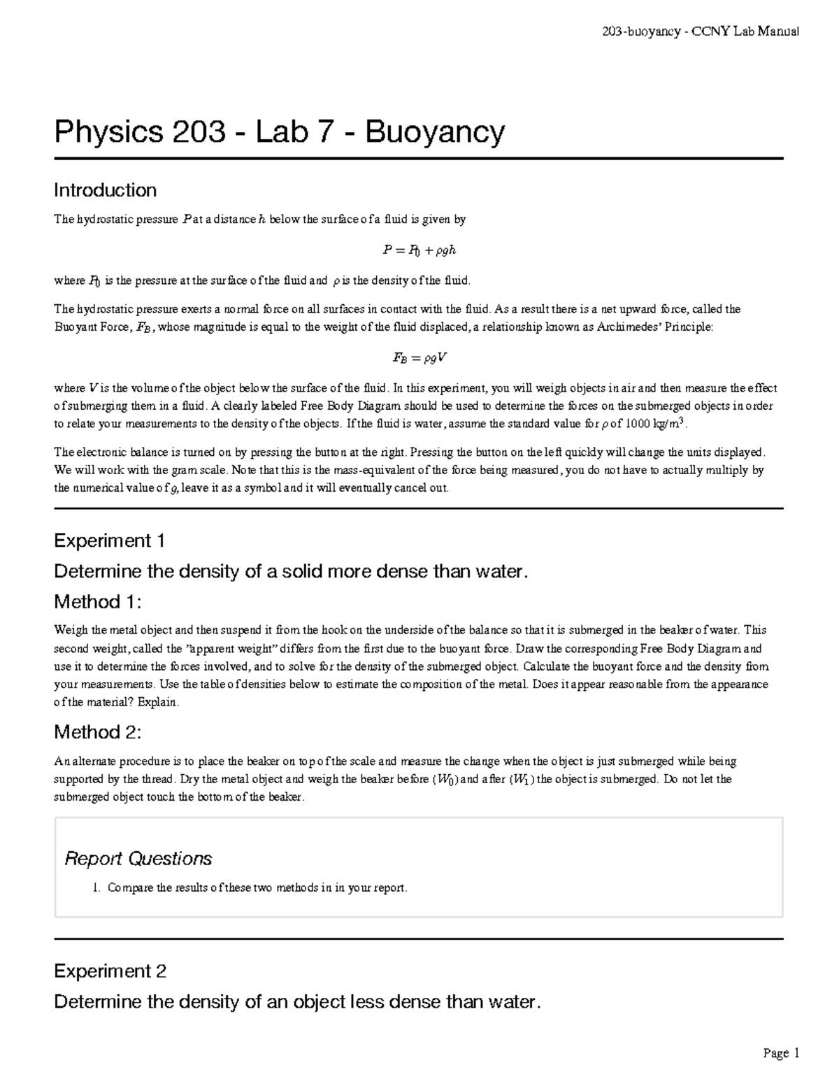 CCNY Physics 203 Lab 7: Exploring Buoyancy and Density Measurements - Studocu