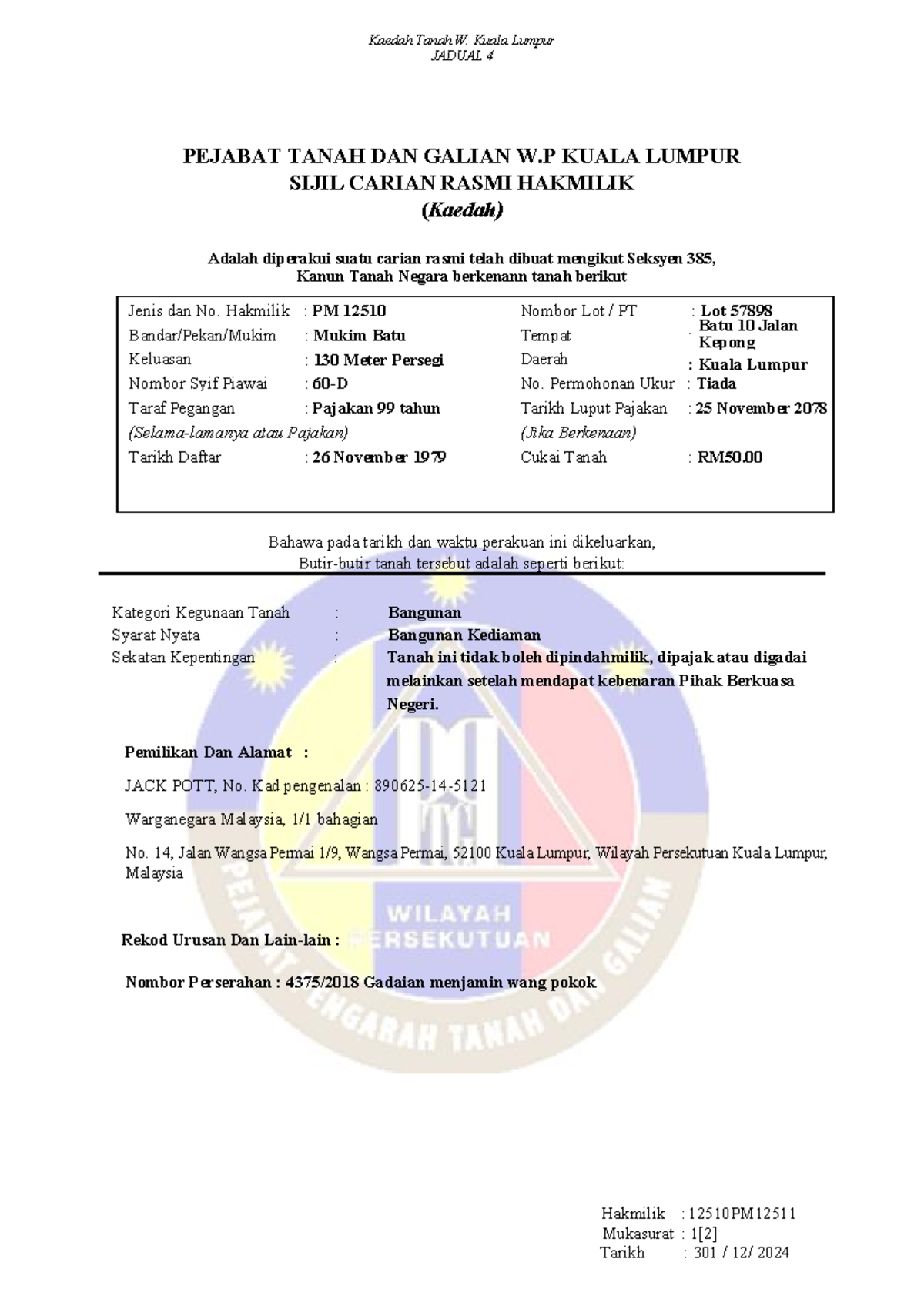 Official Land Search - Sijil Carian Rasmi Hakmilik W. Kuala Lumpur ...