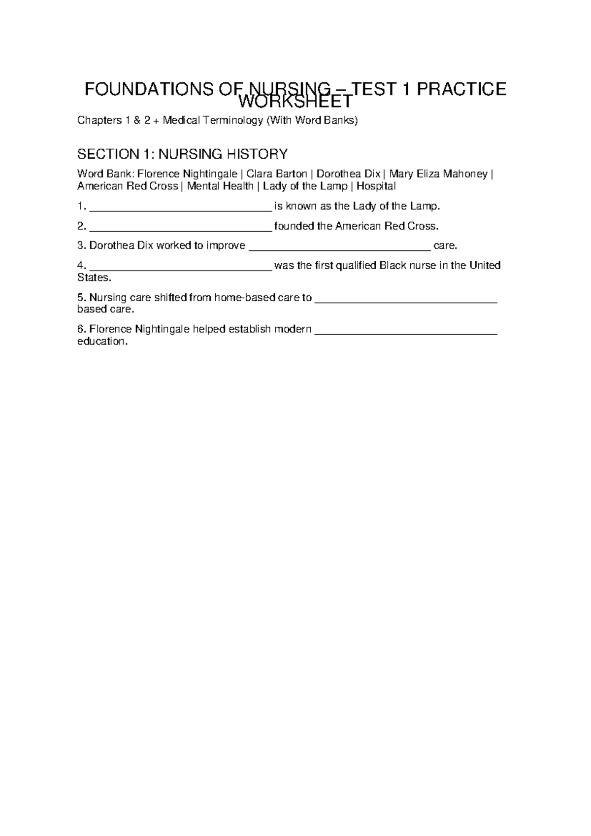 FON Test 1 Practice Worksheet: Medical Terminology & Nursing History ...