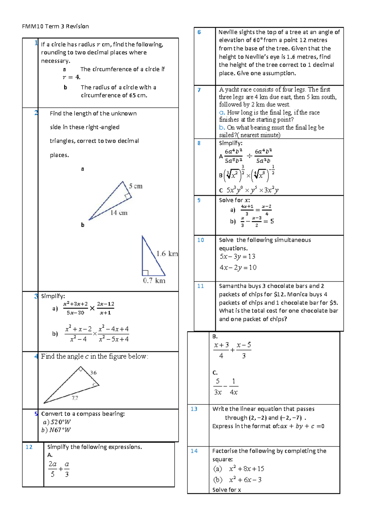 FMM10 Term 3 Grade 10 Revision Questions and Solutions - Studocu