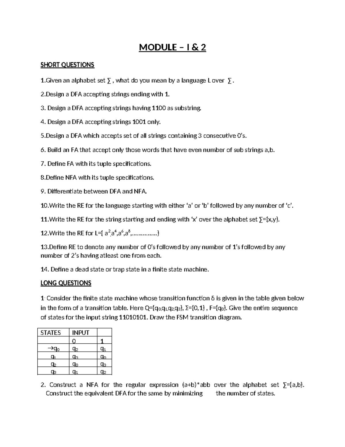 MODULE I: Short & Long Questions on DFA/NFA Concepts - Studocu