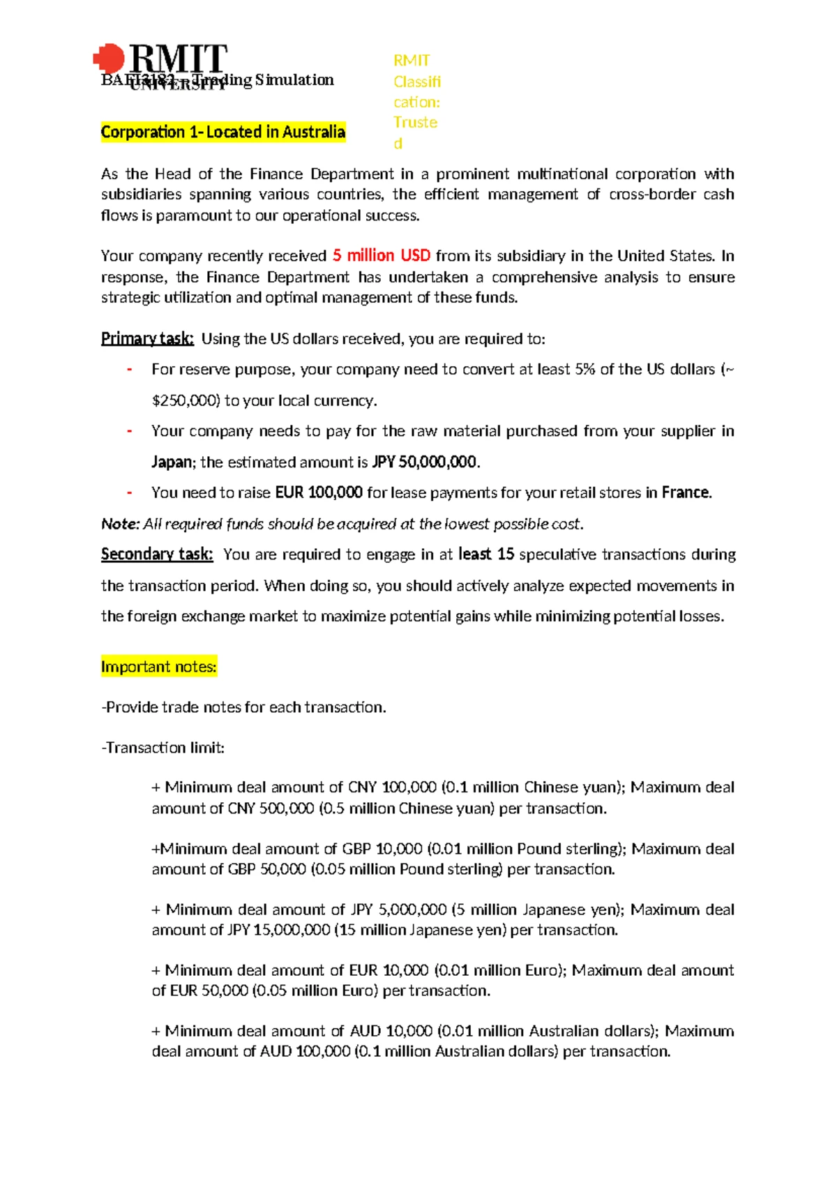 BAFI3182 Trading Simulation: Cash Flow Management Case Study - Studocu