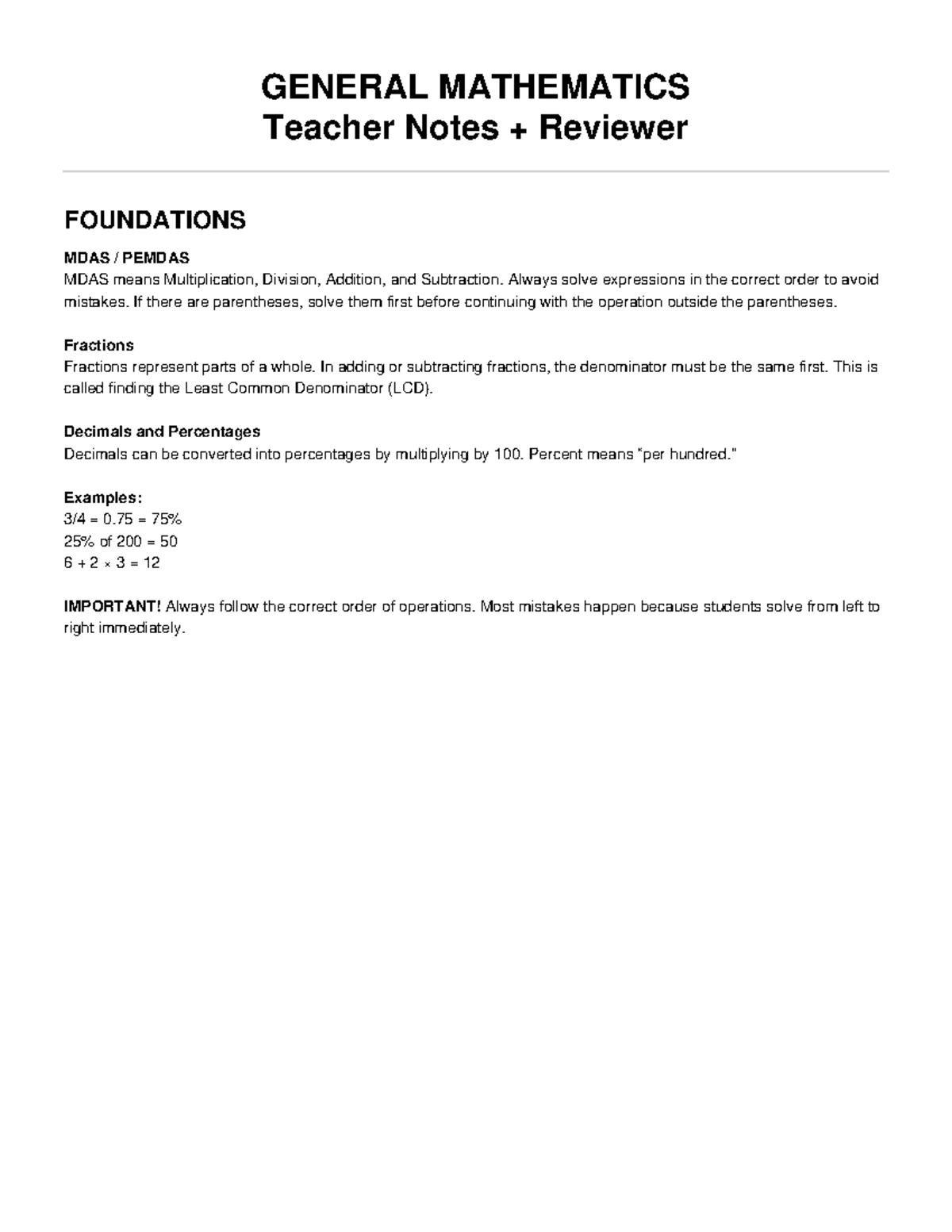 GENERAL MATHEMATICS Teacher Notes: MDAS, Fractions, Functions & More ...