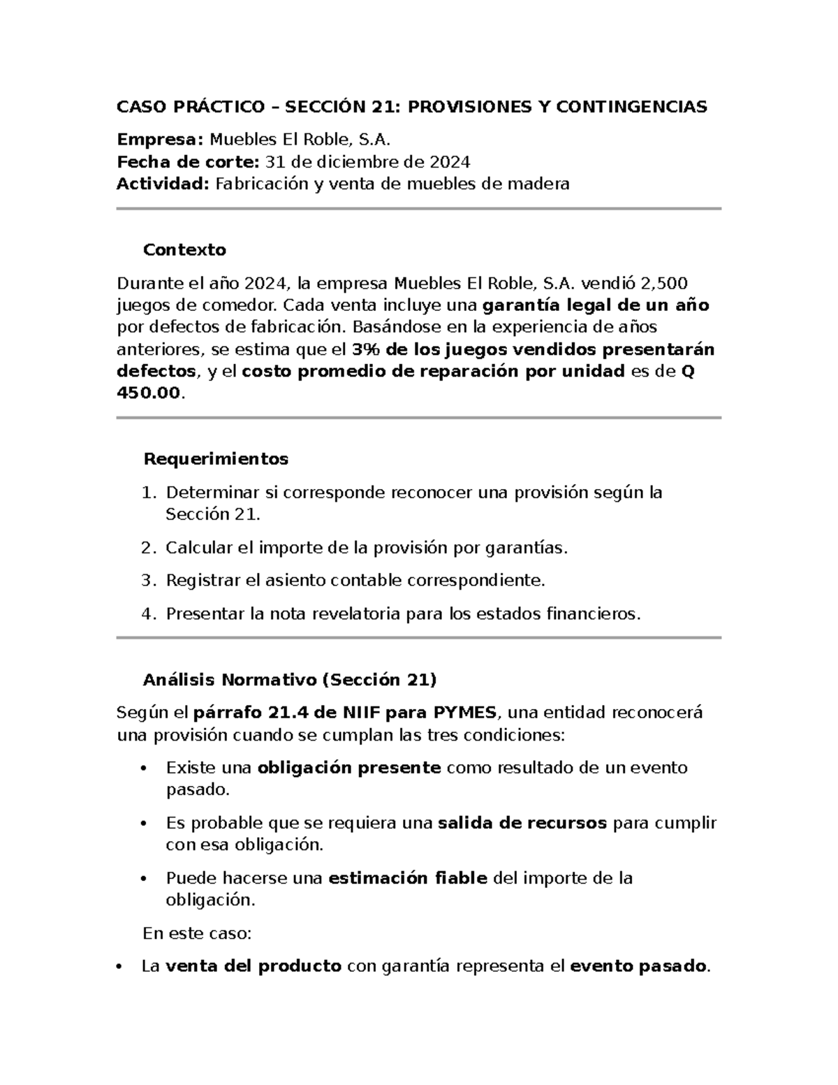CASO PRÁCTICO SECCIÓN 21: PROVISIONES Y CONTINGENCIAS 2024 - Document Preview