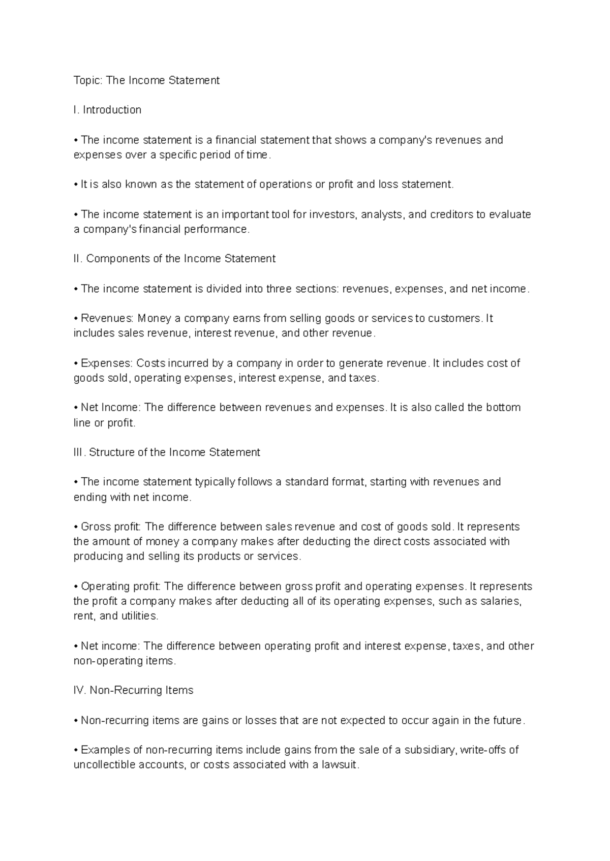 Financial Statements (FIN 101): Lecture Notes on Income & Balance Sheet ...