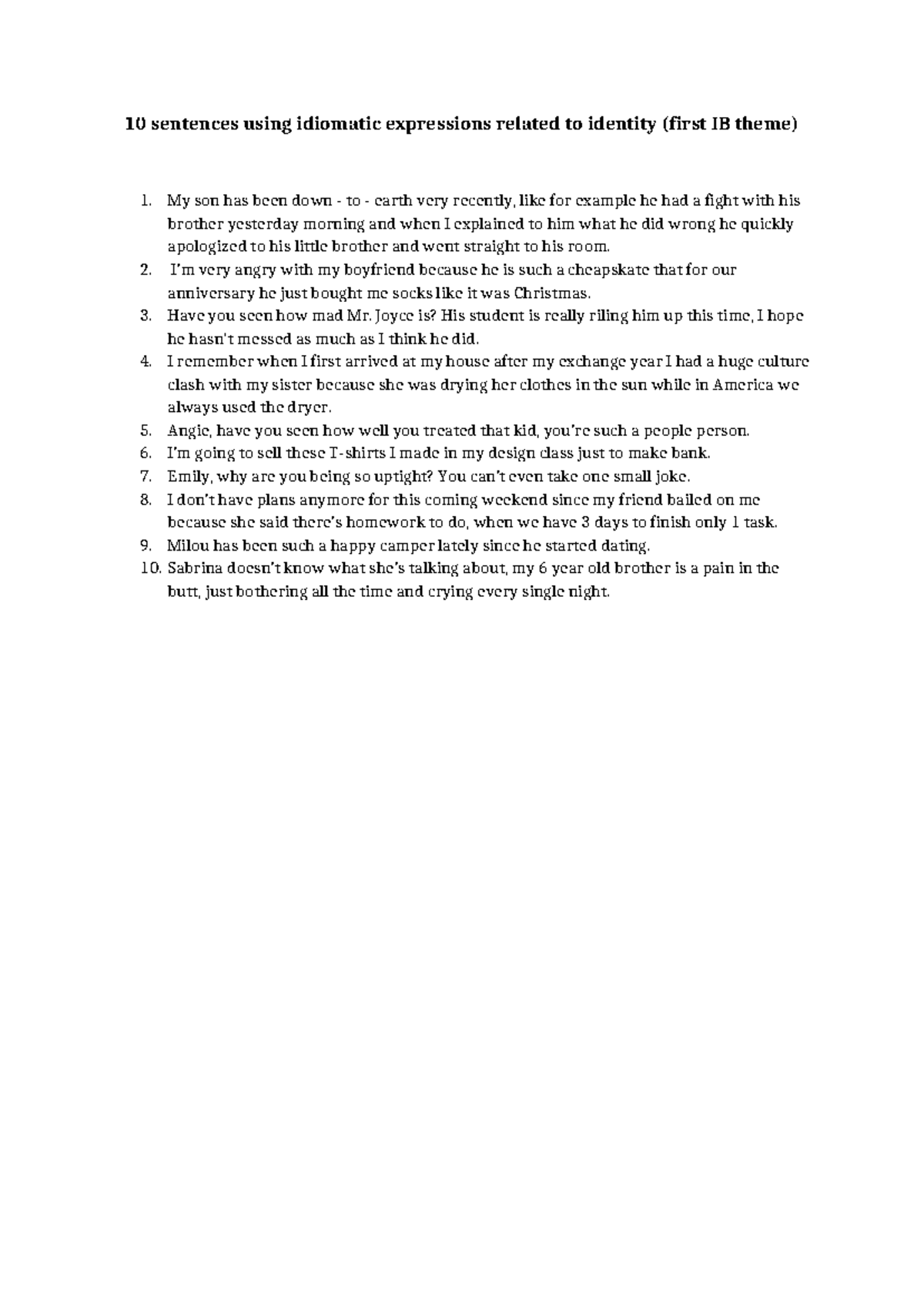 Classwork 2 - Sentences Using Idiomatic Expressions for Identity - Studocu