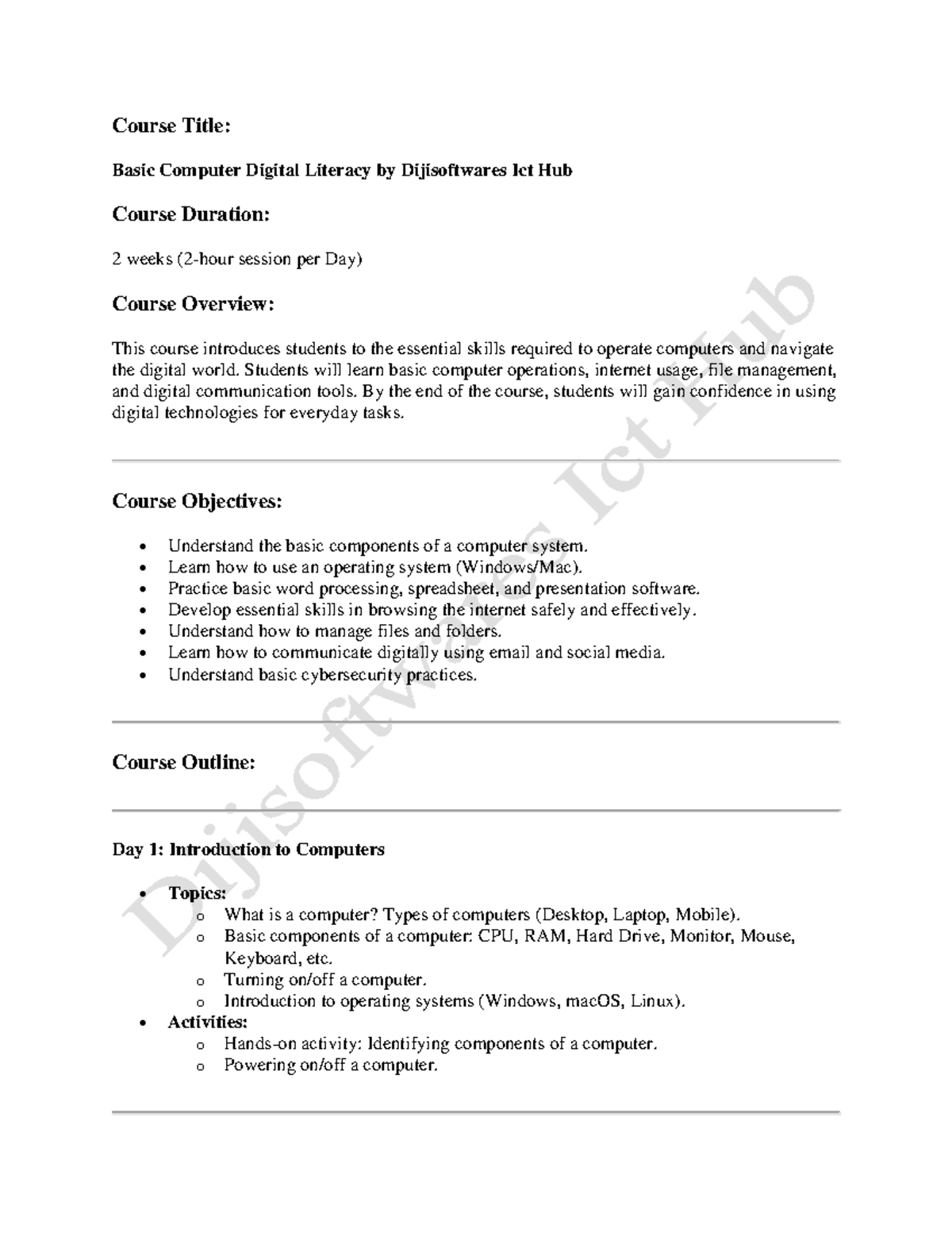Basic Digital Literacy Course Outline - ICT H101 (2 Weeks) - Studocu