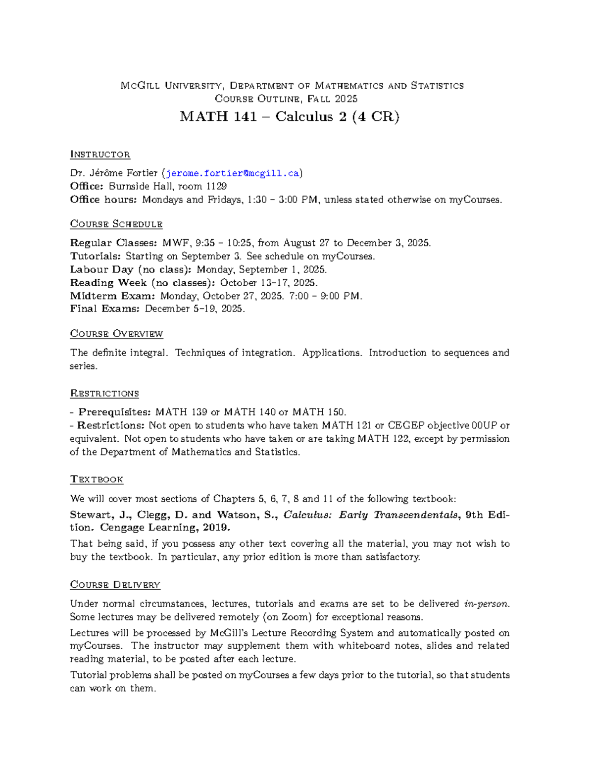 MATH 141 Course Outline: Calculus 2 Syllabus, Fall 2025 - Studocu