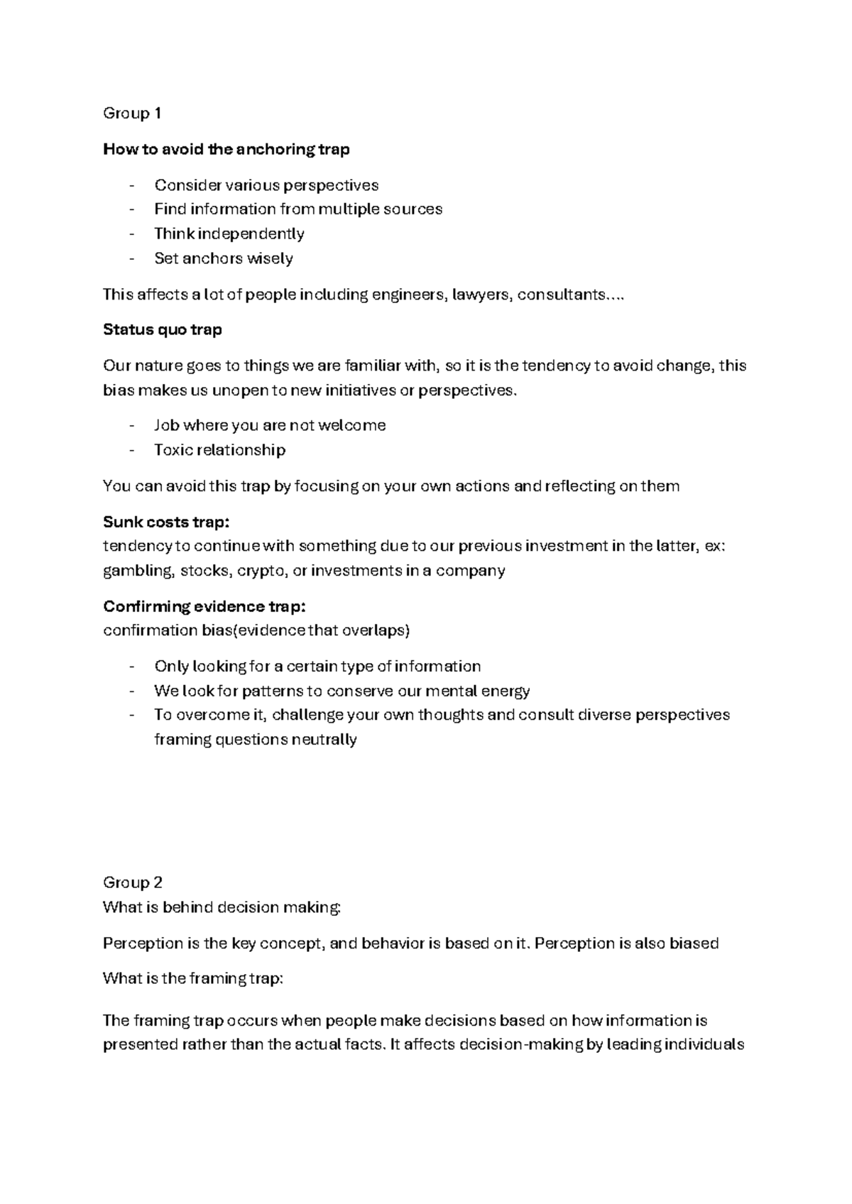 OB 101: Week 5 Notes on Decision-Making Traps and Biases - Studeersnel