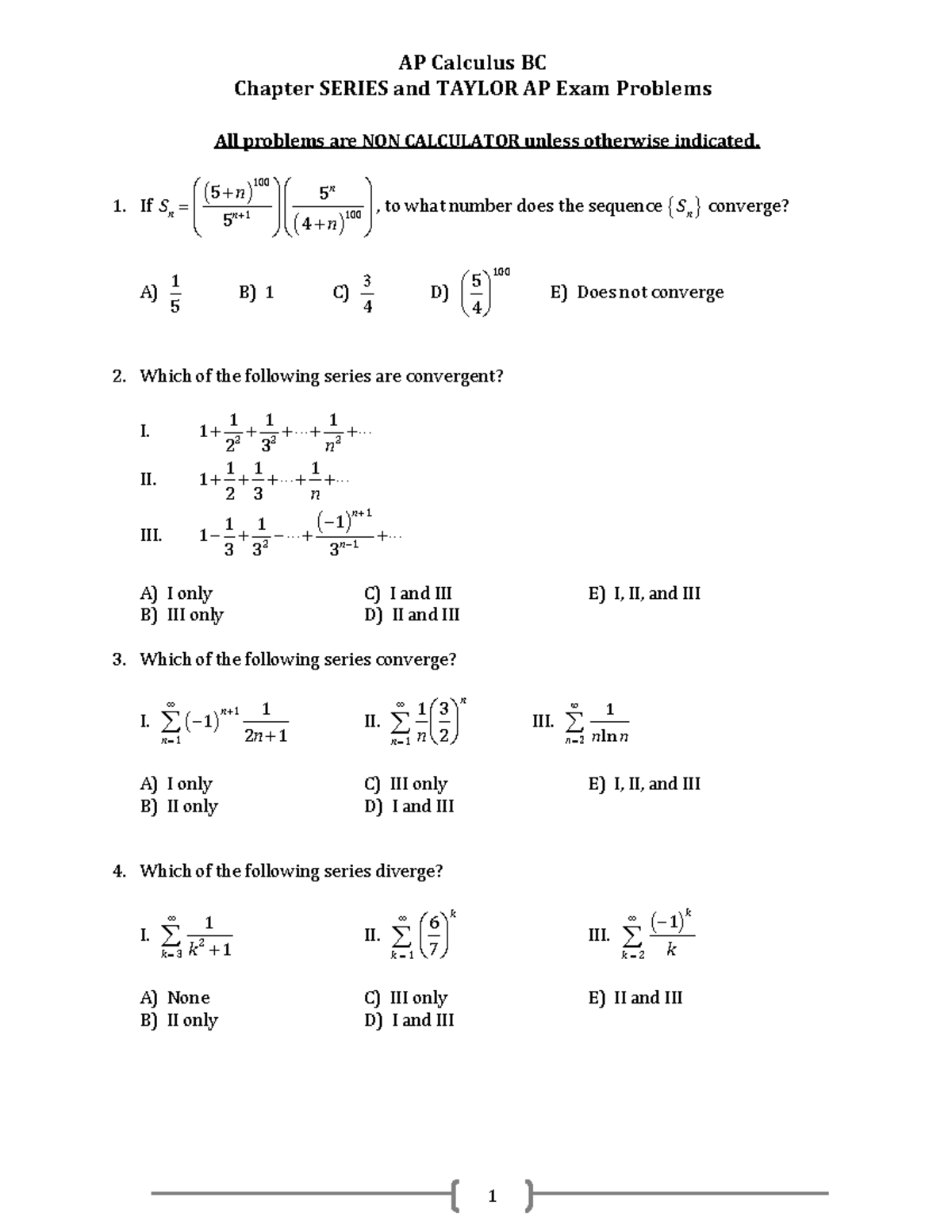 AP Calculus BC Chapter on Series and Taylor Exam Problems - Studocu