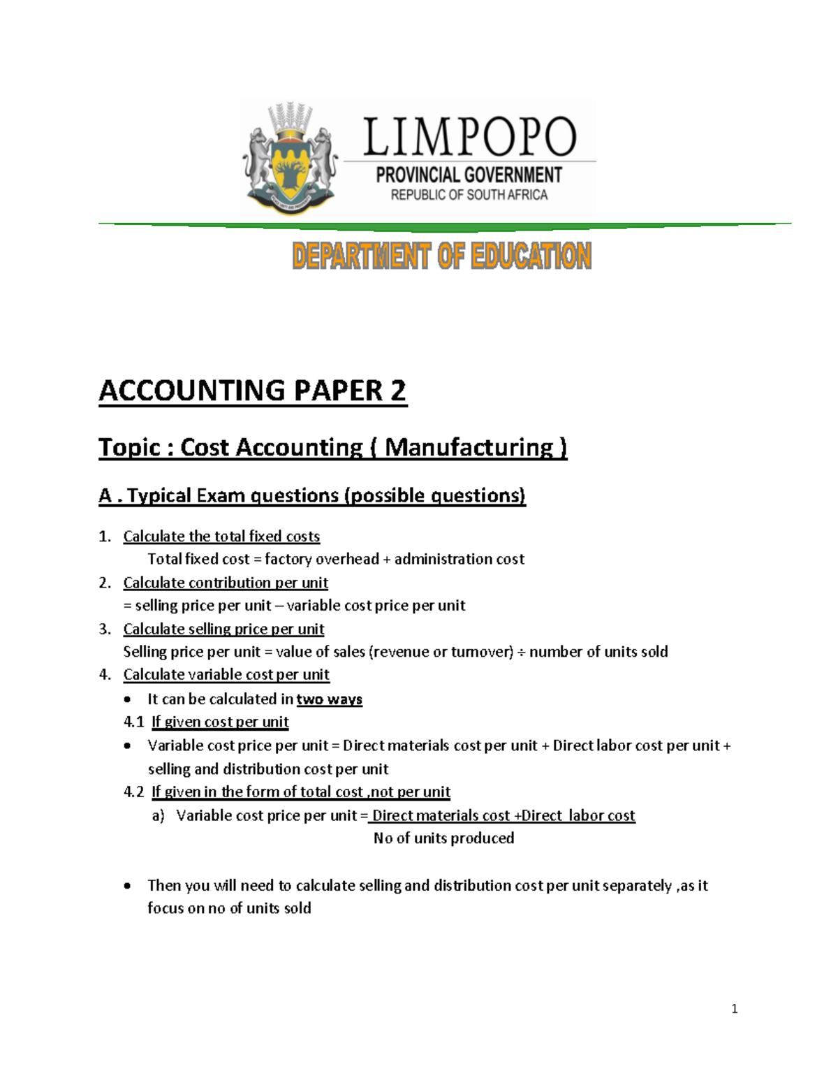 Cost Accounting (ACC PAPER 2): Key Exam Questions & Solutions - Studocu
