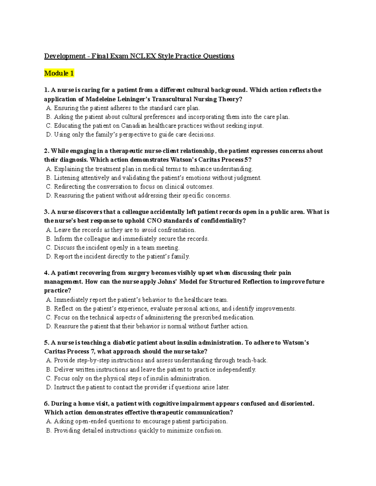 Development - NCLEX Style Final Exam Practice Questions - Studocu