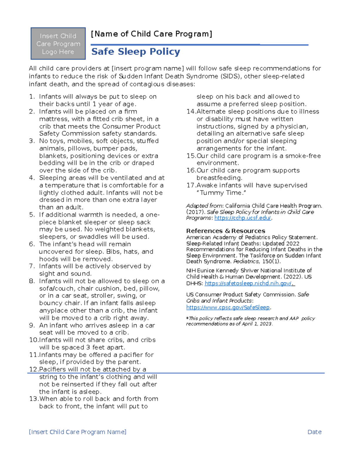 Safe Sleep Policy Template for Child Care 2023 - [Name of Child Care ...