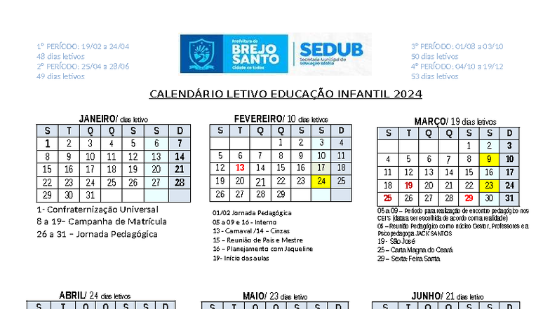 Calendário Letivo 2024 - Educação Infantil (200 dias letivos) - Studocu