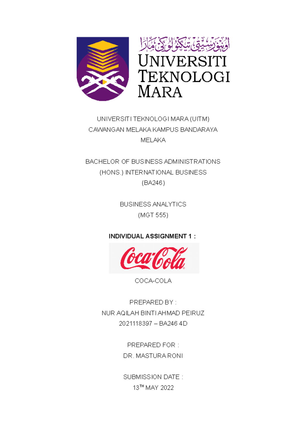 ENT530 - Individual Assignment on Business Analytics: Coca-Cola Case ...