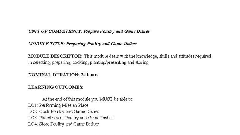 Preparing Poultry AND Games Dishes - UNIT OF COMPETENCY: Prepare ...