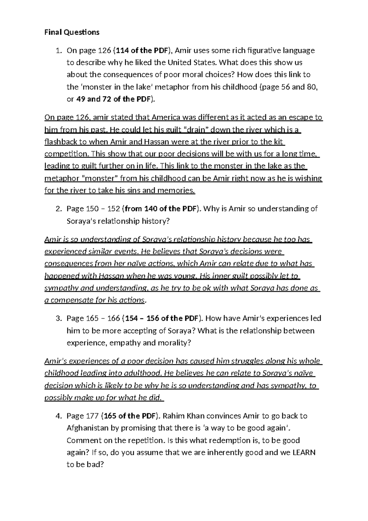 Kite Runner (ENG 101) Final Exam Questions and Analysis - Studocu