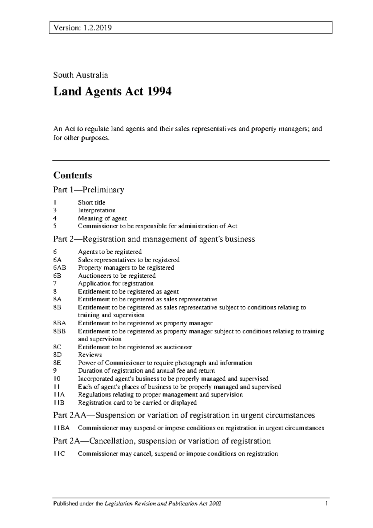 Land Agents Act 1994 SA - Regulatory Framework Overview - Studocu
