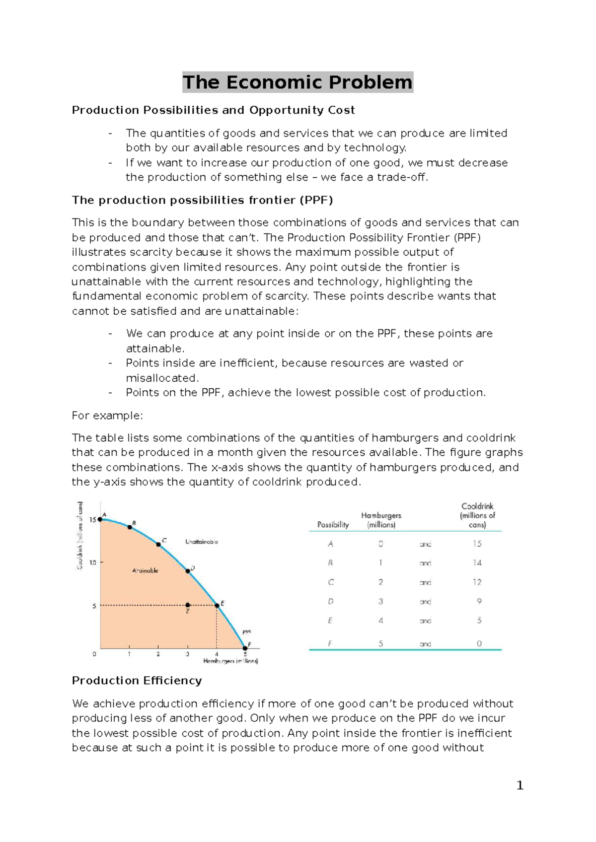 Economic Notes (ECO101) on Production Possibilities & Opportunity Cost ...