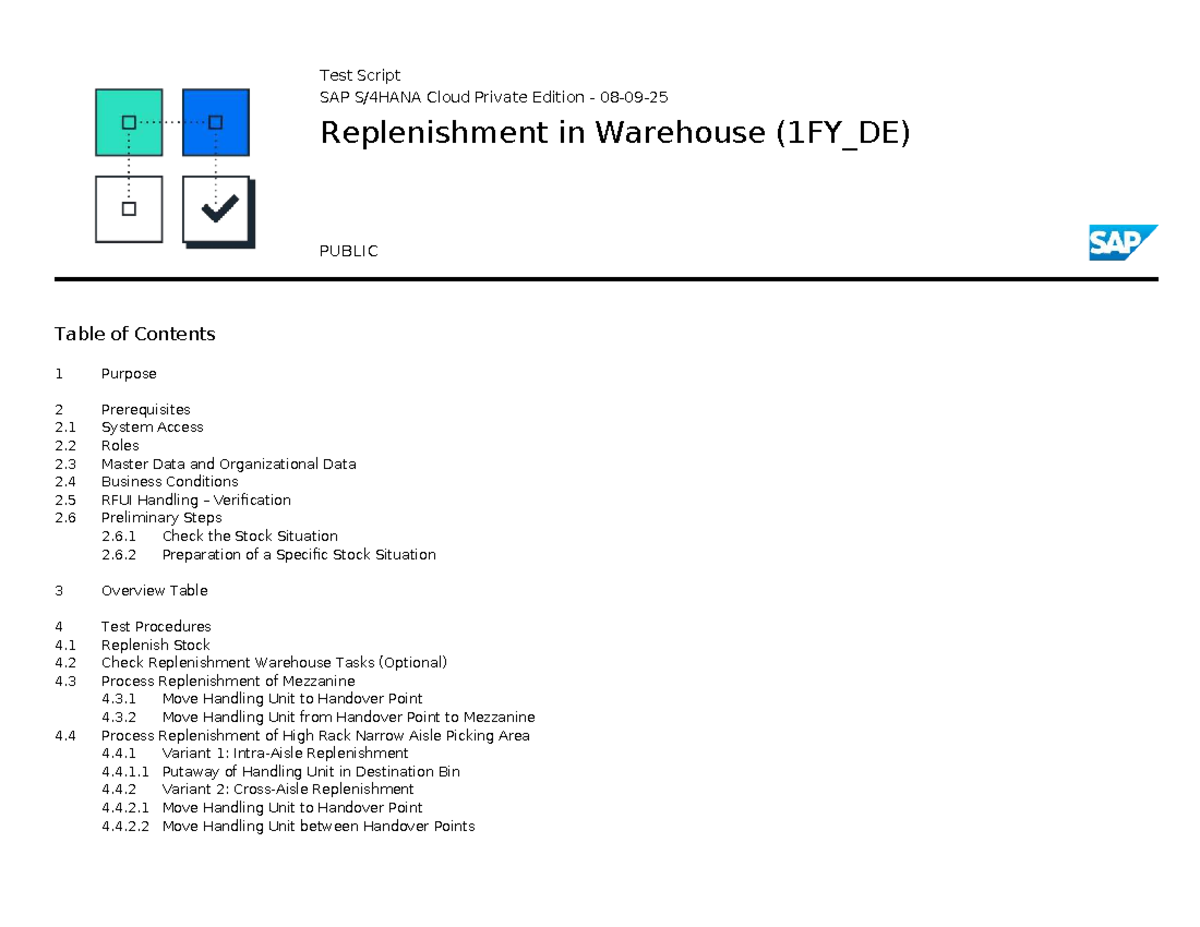 Test Script for Replenishment in Warehouse (1FY_DE) - SAP Cloud Edition ...