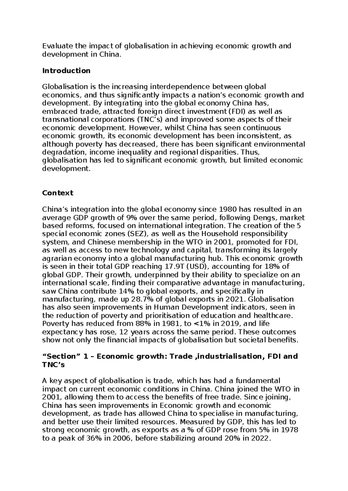 Essay on Globalisations Effect on the Chinese Economy - Evaluate the ...