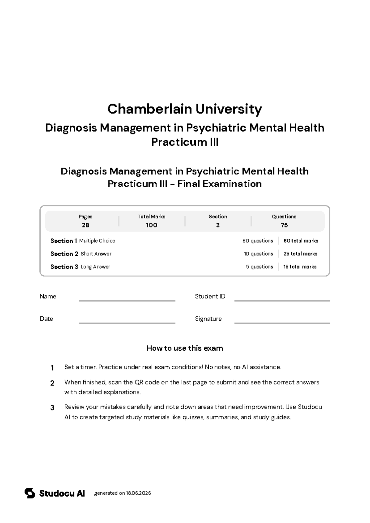 NR 607 CEA Mock Exam: Diagnosis Management in PMH Practicum III