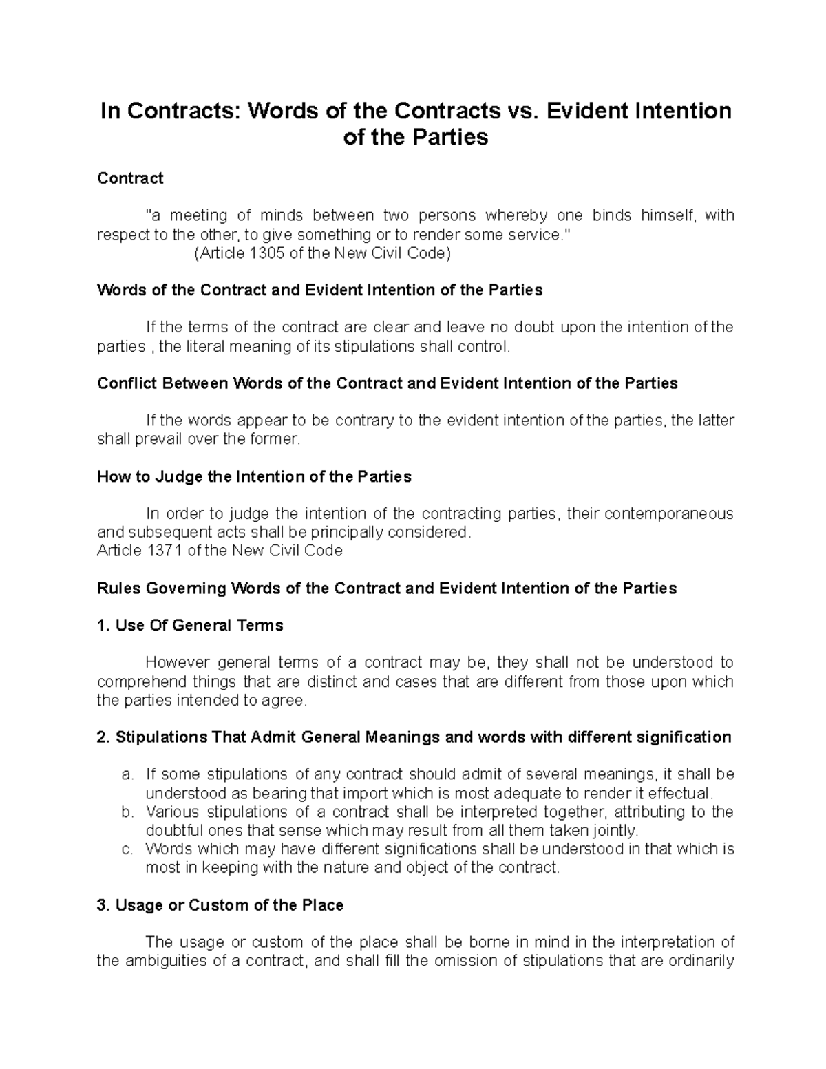 In Contracts: Words vs. Evident Intention of Parties Analysis - Studocu