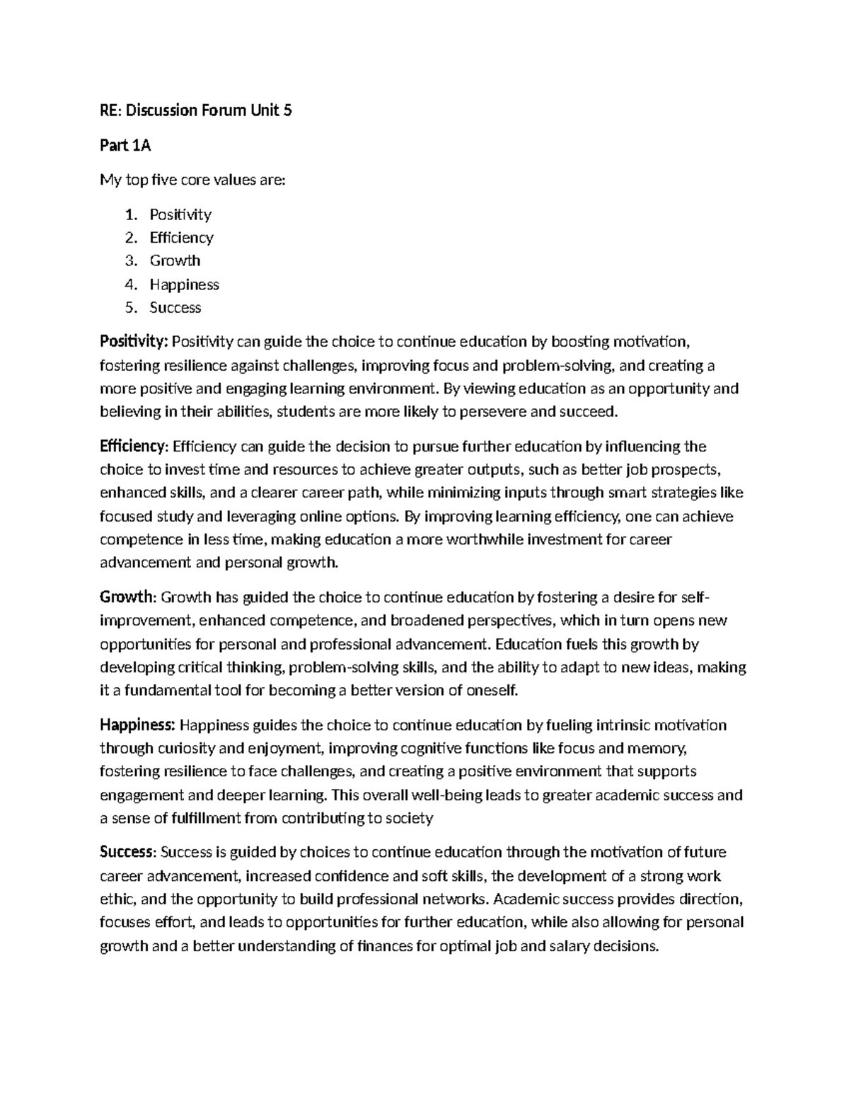 Discussion Forum Unit 5: Core Values and College Major Insights - Studocu