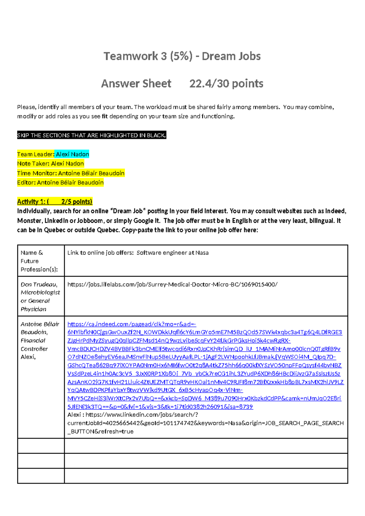Teamwork 3: Dream Jobs Answer Sheet for Class 2189643 - Studocu
