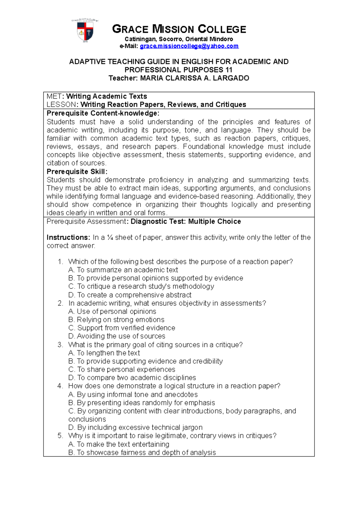 EAPP 11 Lesson Plan: Writing Reaction Papers & Critiques (Jan 27-31 ...