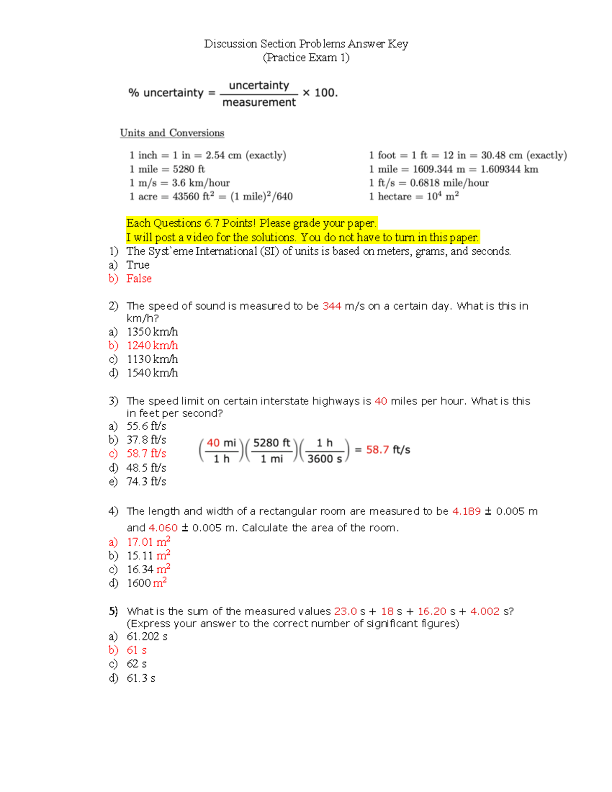 Practice Exam 1 Answer Key - PHYS 1010 Fall 2020 - Studocu