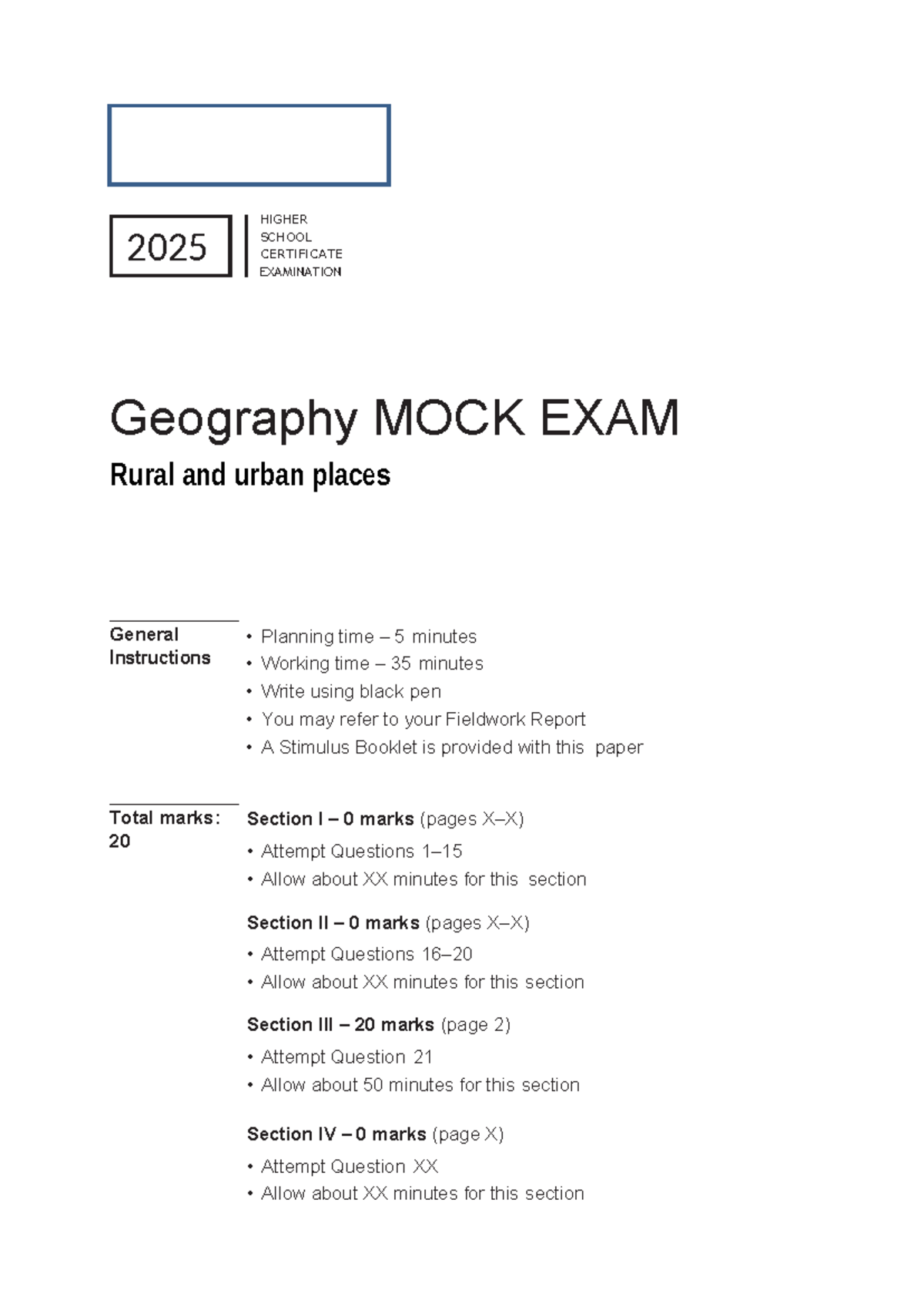 2025 HSC Geography MOCK Exam: Rural & Urban Places Analysis - Studocu
